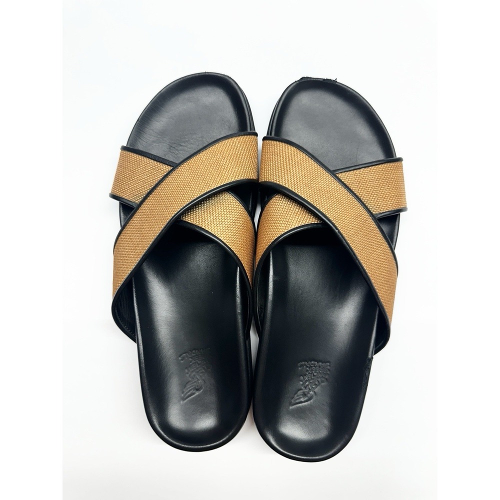 Ancient Greek Sandals Women Black Leather Brown Raffia Size 41 (US 10.5 - 11)